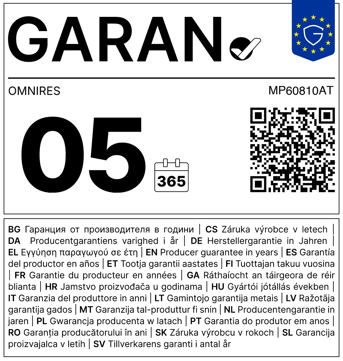 GARAN — garanția producătorului de 5 ani