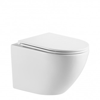rimless wall-mounted toilet with soft-close seat, 49 x 37 cm
