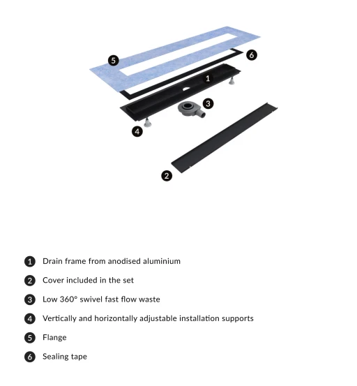 linear shower drain with tileable cover, 100 cm