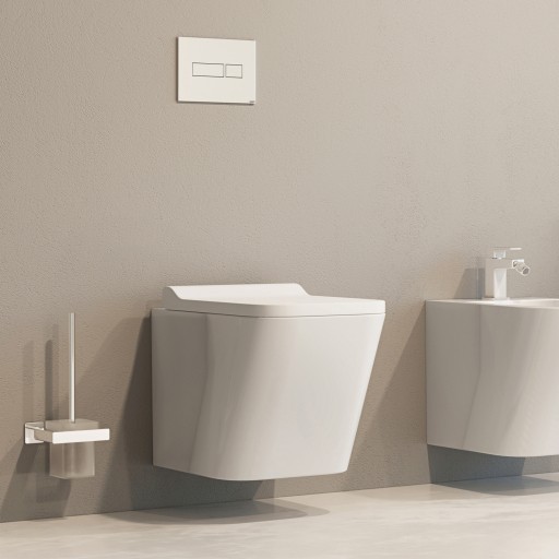 rimless wall-mounted toilet with soft-close seat, 49 x 35 cm