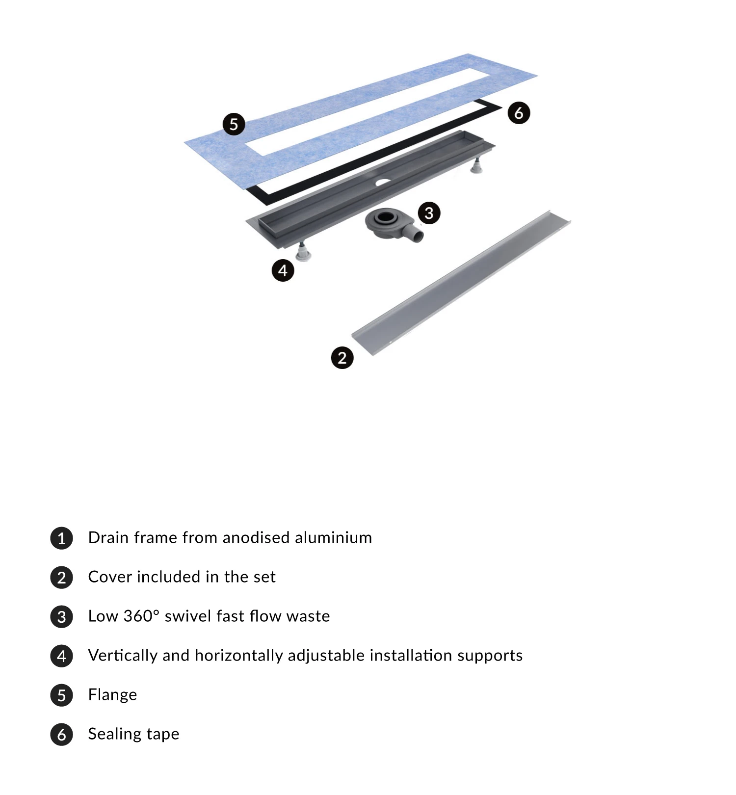 linear shower drain with tileable cover, 100 cm