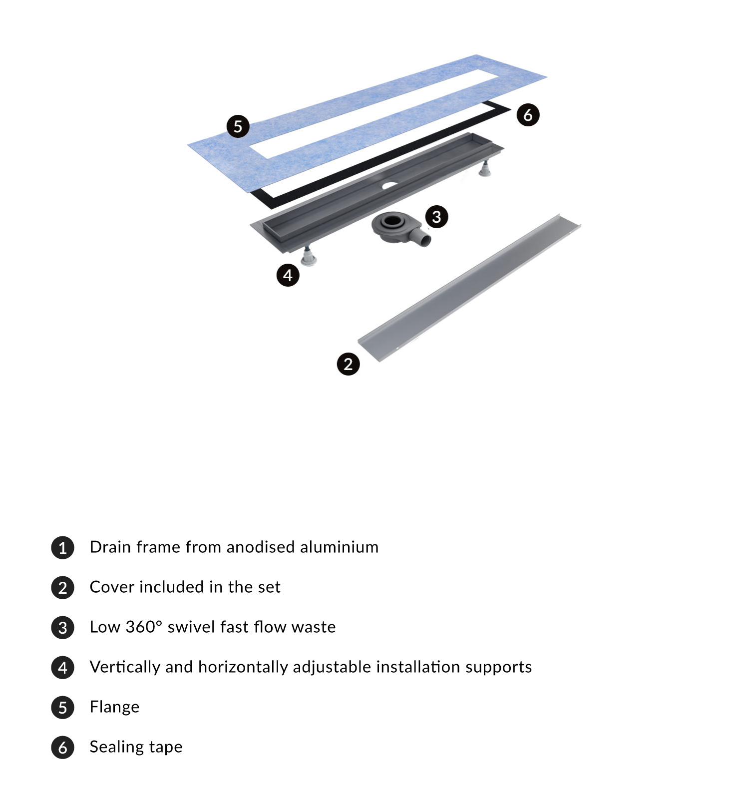 linear shower drain with tileable cover, 60 cm